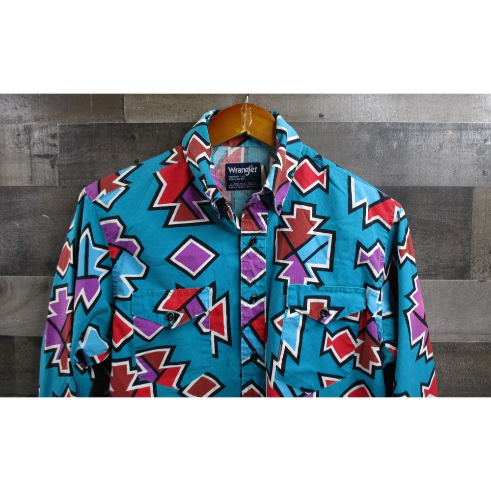 Vintage Wrangler Shirt Mens 15.5 34 Teal Aztec Western Cowboy Cut Print 90s